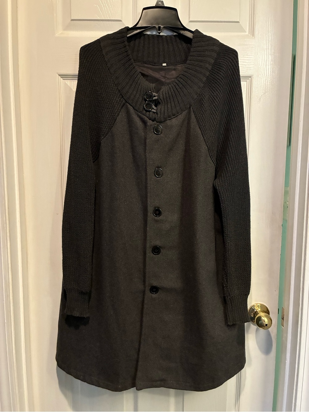 Charcoal Gray Women's Button-Front Knit-Panel Sweater Coat